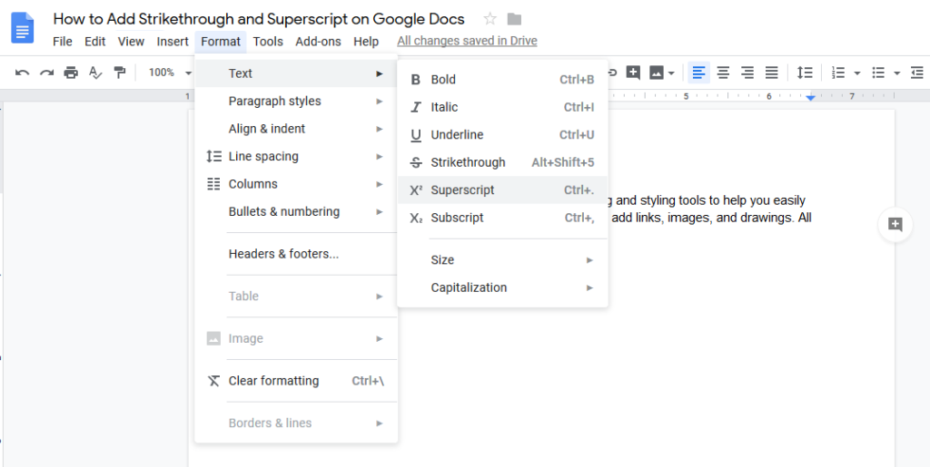 superscript in google docs